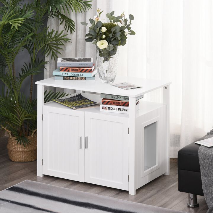 White Kitty Litter Cabinet: Wooden Nightstand with Adjustable Wall