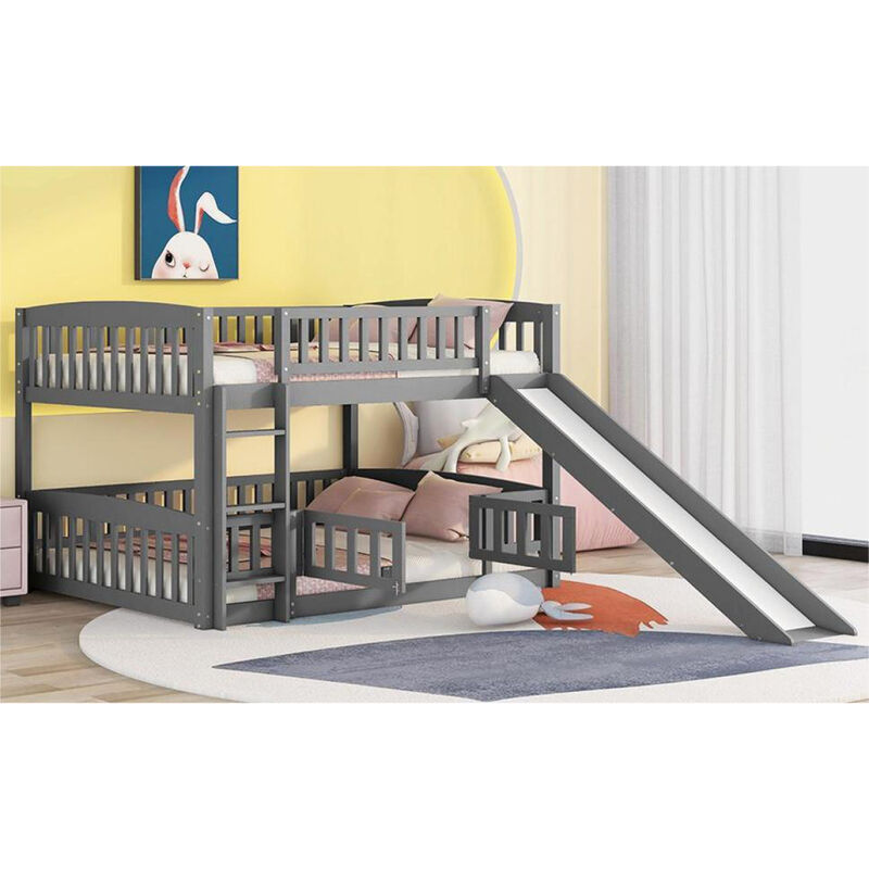 Bunk Bed With Slide, Full Over Full Low Bunk Bed With Fence And Ladder For Toddler Kids Teens