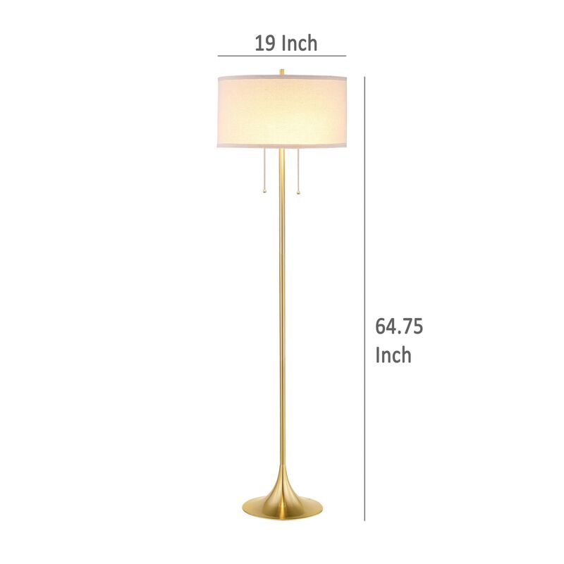 Mikka Floor Lamp, Pull-Chain, Gold Flared Pedestal Base, Beige Fabric - Benzara