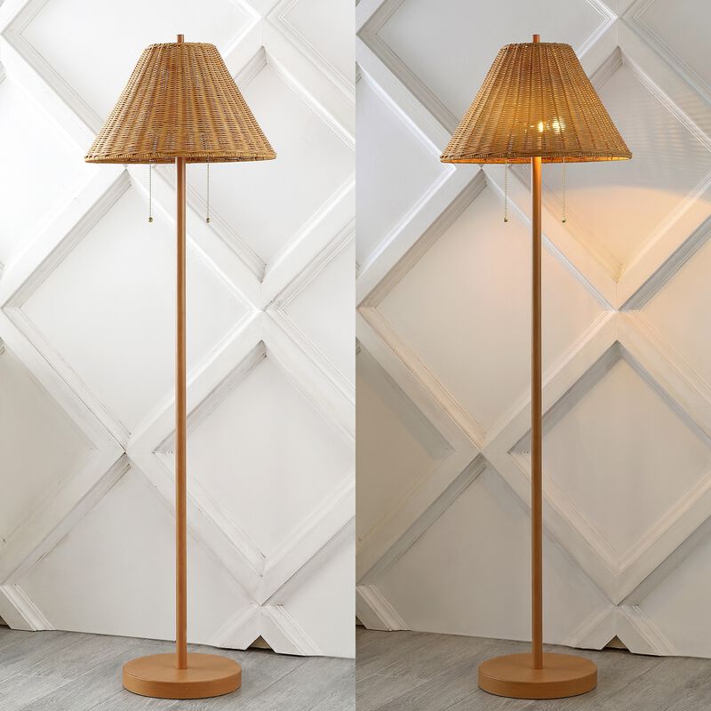 Nando 2-Light Coastal Bohemian Iron/Rattan LED Floor Lamp with Pull-Chain