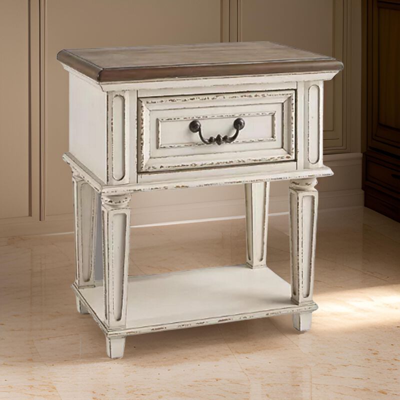 1 Drawer Wooden Frame Nightstand with Tapered Legs, Brown and Antique White-Benzara