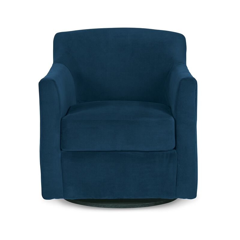 Leena Swivel Accent Chair, Blue Velvet, Shelter Style Arms, Black Wood - Benzara