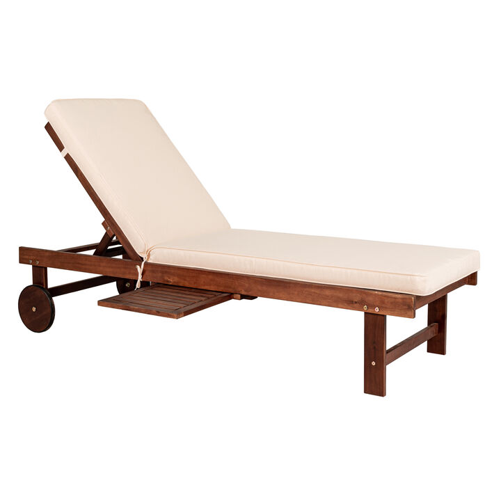 Seabrook Outdoor Acacia Wood Lounger with Cushion Position Back Slide Table Wheels