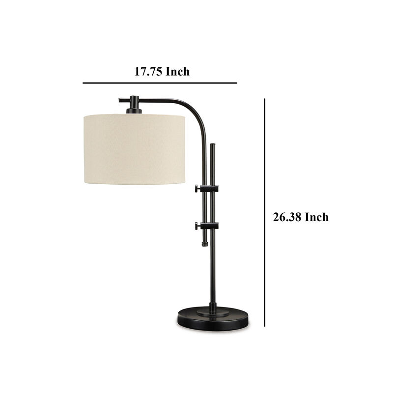Mney Accent Lamp, Adjustable Arm, White Drum, 26 Inch Black Metal - Benzara