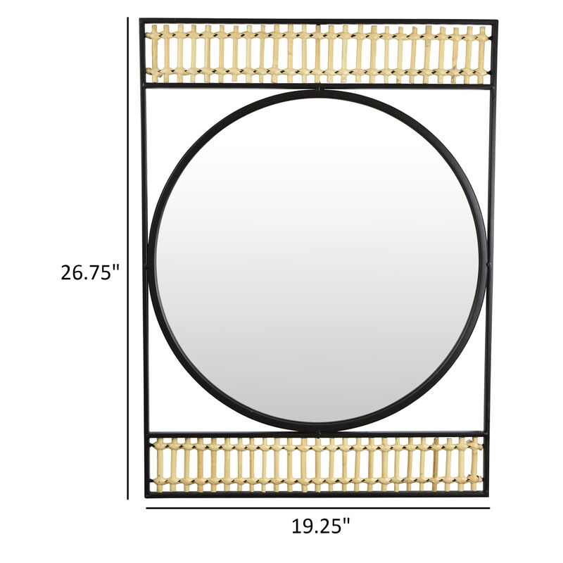 Zine Mirror Wall Decor, Round Glass, Woven Border, 19 x 27 Black Metal - Benzara