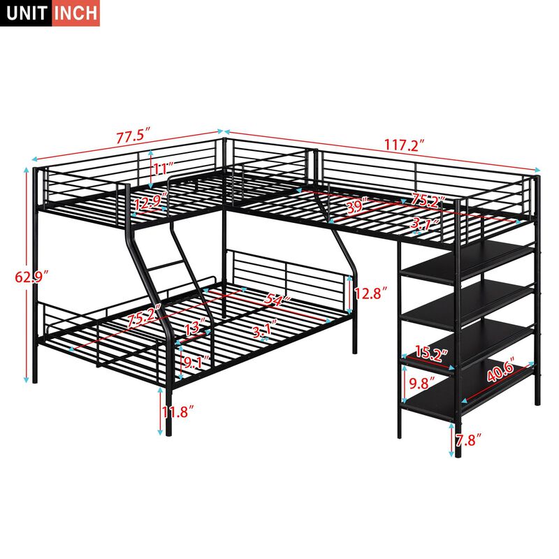 L-Shaped Twin over Full Bunk Bed for Kids with Twin Loft, Built-in Shelves, Full-Length Guardrail, Ladder, Black