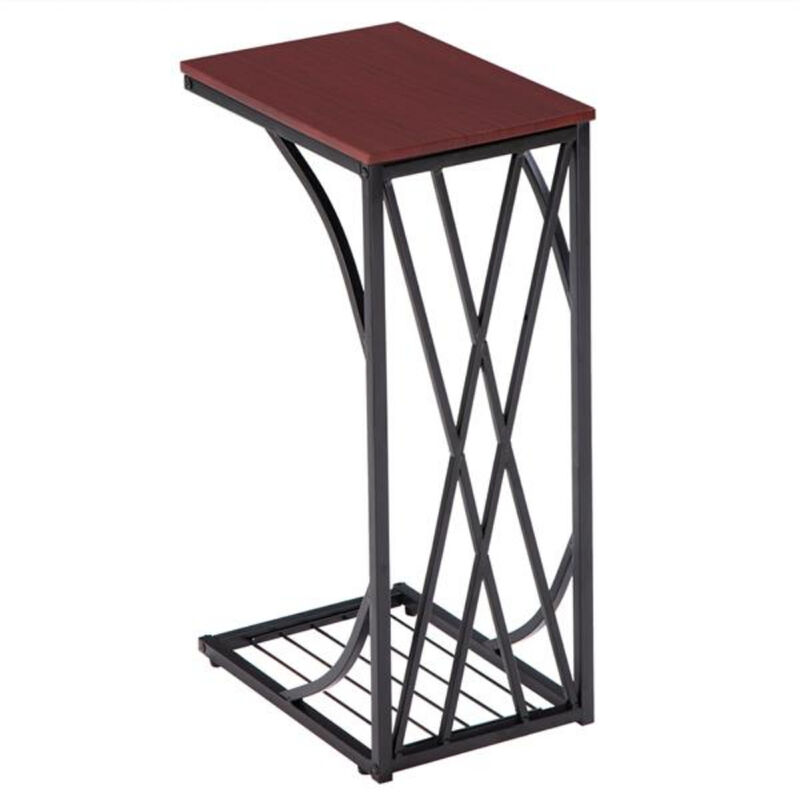 C-Type Coffee Table with Cross Line Brown Desktop, Modern Sofa Table for Living Room