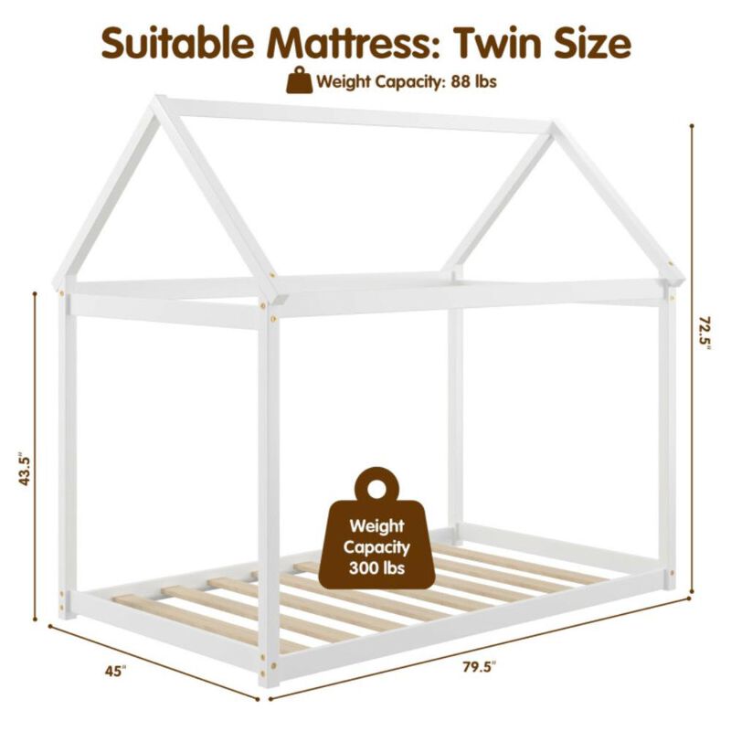 Hivvago Twin Size Kids House Bed Wood Frame with Roof