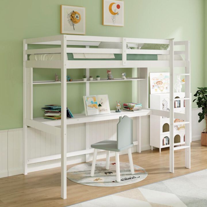Hivvago Twin Size Solid Wood Slatted Loft Bed Frame with Safety Guardrail for Kid