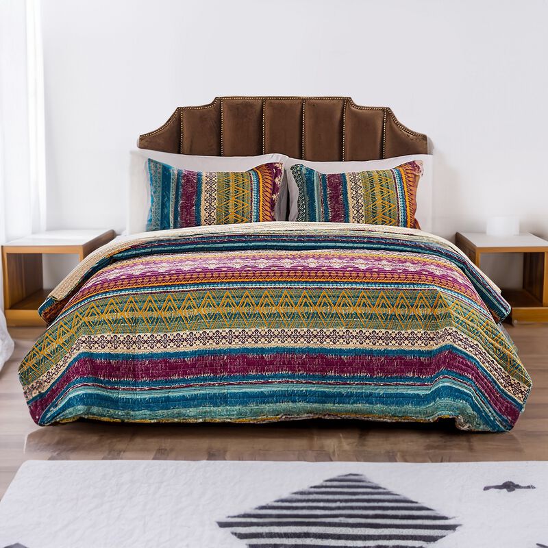 Tribal Motif Print Cotton Twin Quilt Set with 1 Pillow Sham, Multicolor - Benzara