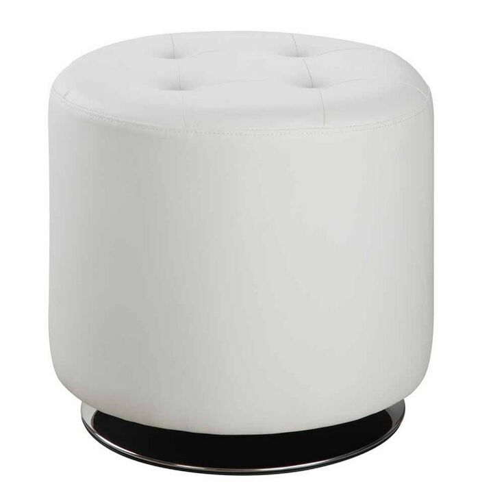 18 Inch Round Swivel Ottoman, Vegan Faux Leather, Tufted Seat, White, Chrome-Benzara