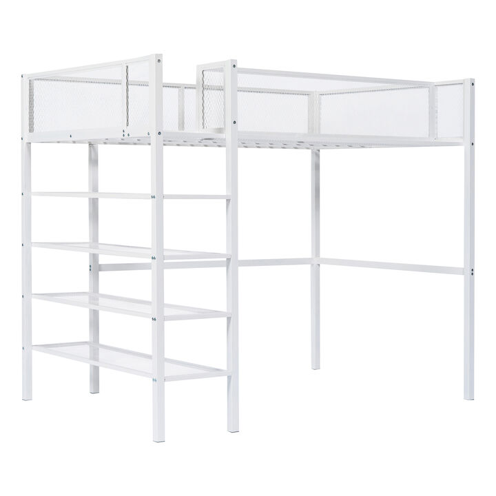 Twin Size Metal Loft Bed With 4Tier Shelves And Storage, White