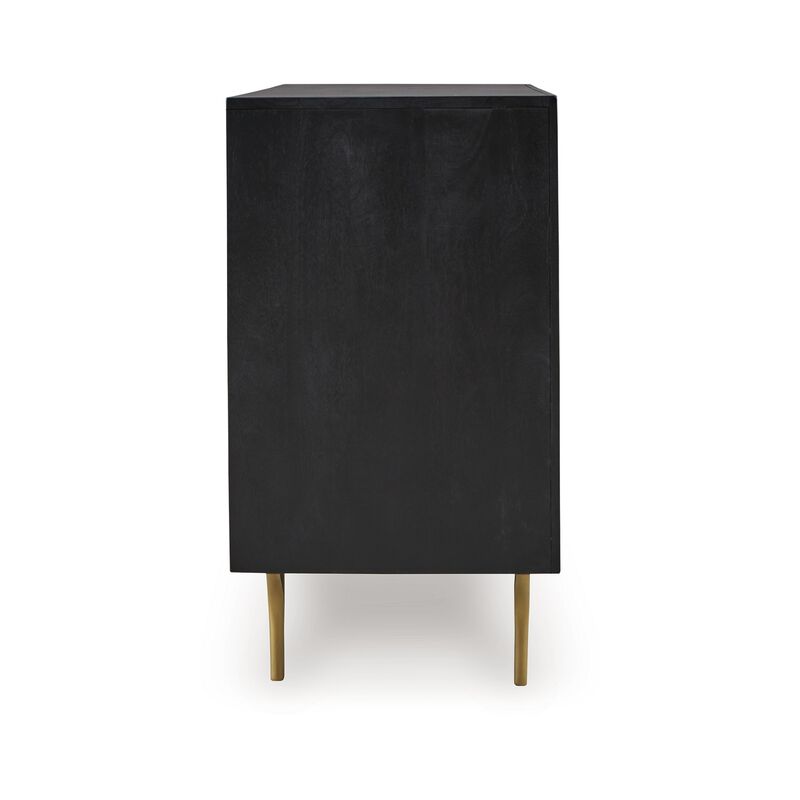Yien Sideboard Console, 2 Carved Doors, Gold Legs, Black Wood 40 Inch - Benzara
