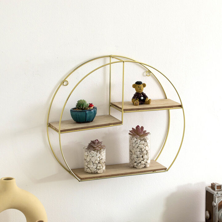 Vintiquewise Elegant 3-Tier Decorative Floating Geometric Arc Wall Shelf - Semi-Circular Metal and Wood Wall-Mounted Shelf for Entryway, Bathroom, Bedroom, and Living Room Decor, Gold Finish