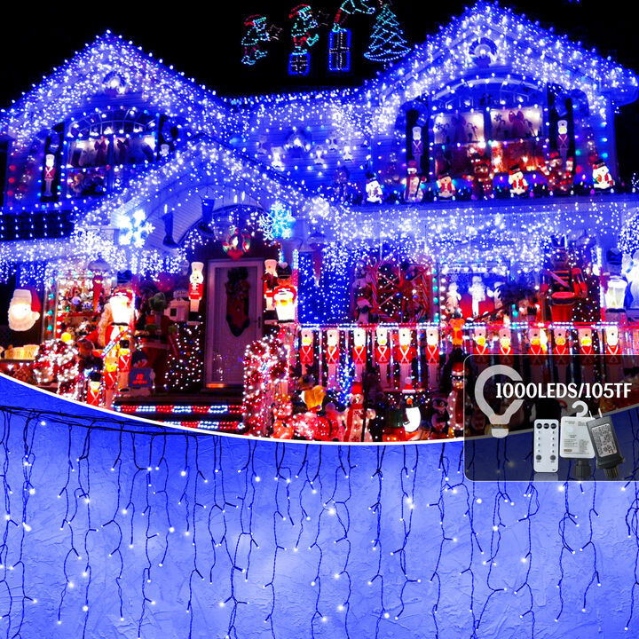 105ft LED Outdoor Christmas Lights with 1000 Bulbs, 50 Drops, 8 Modes, Waterproof, Timer & Memory Function