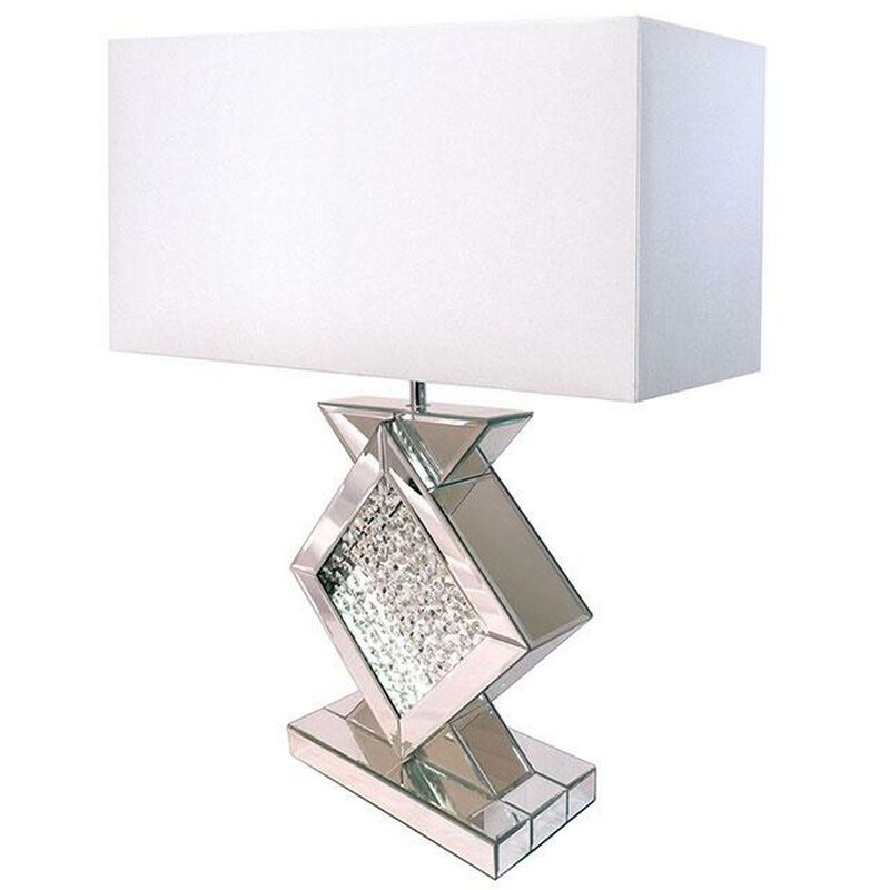 Benjara 27 Inch Table Lamp, Acrylic Crystals, Diamond Base, Metal, Champagne Silver and White