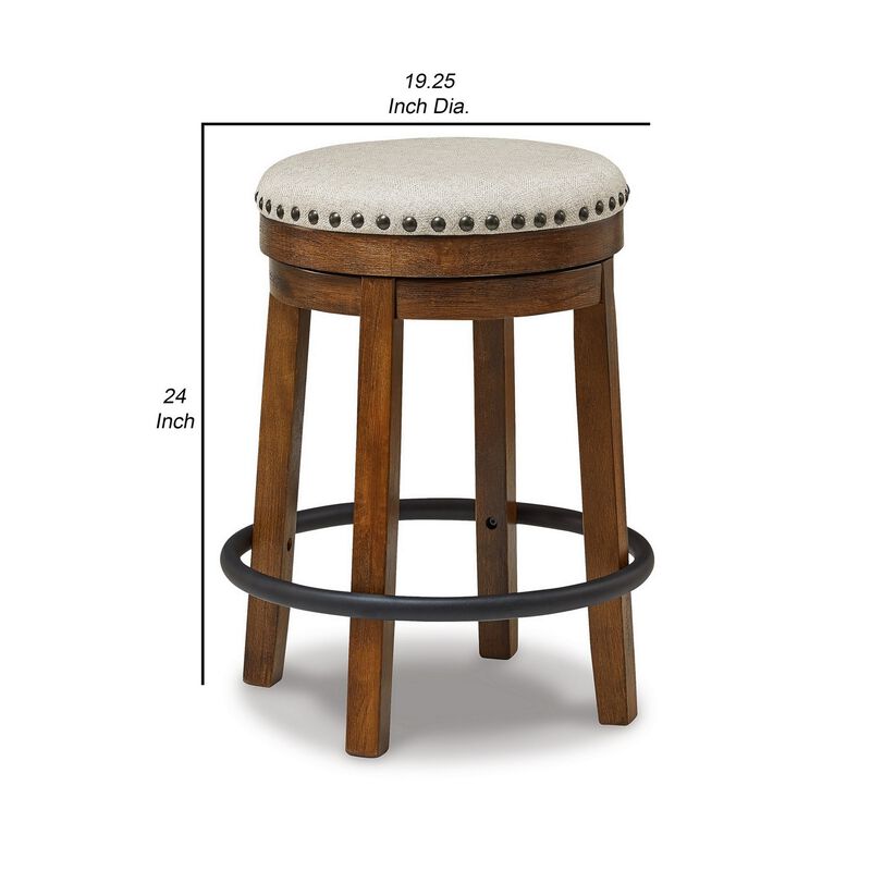 Zane 24 Inch Backless Swivel Counter Stool, Round Beige Seat, Brown Wood - Benzara