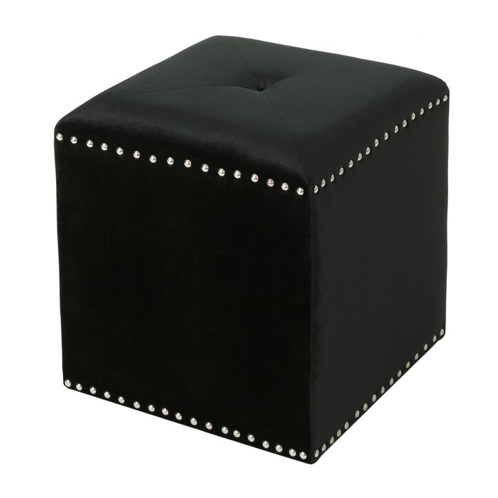 Neli Ottoman, Black Velvet, Single Tuft on Top, Nailhead Trim, 17 Inch - Benzara