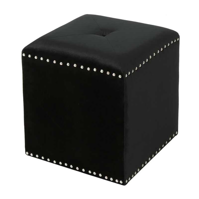 Neli Ottoman, Black Velvet, Single Tuft on Top, Nailhead Trim, 17 Inch - Benzara