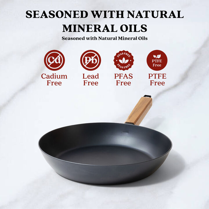 Alva Forest Carbon Steel Pan 8" Pre-Seasoned with Natural Mineral Oil, Acacia Wood Stay Cool Handle Nonstick Frying Pan for Searing Steak, Non Toxic, Compatible with All Stovetops & Induction Safe