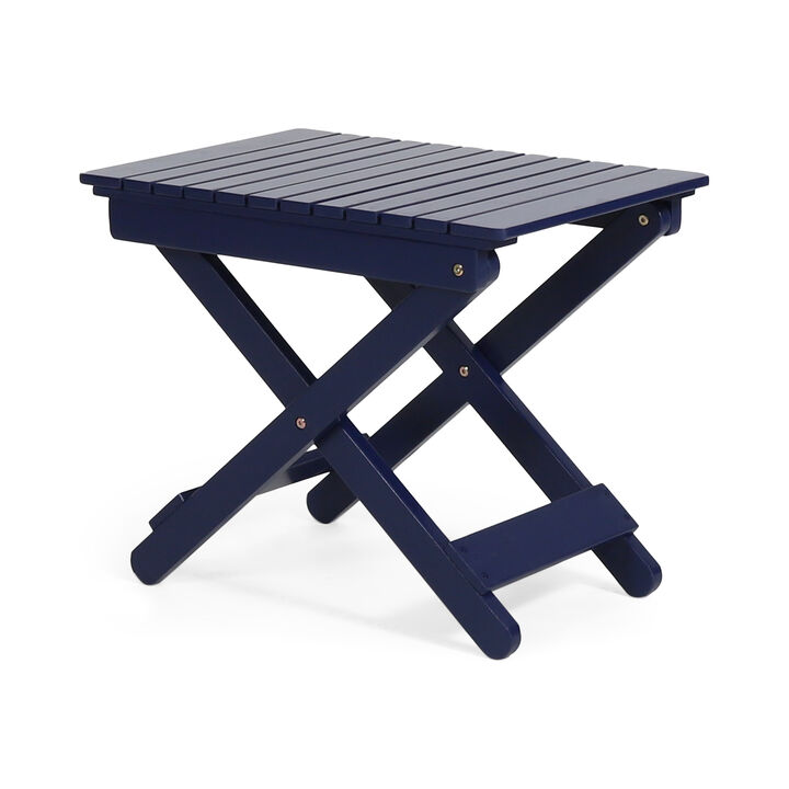 Kyre Outdoor Side Table, Foldable Slatted 23 Inch, Navy Blue Acacia Wood - Benzara