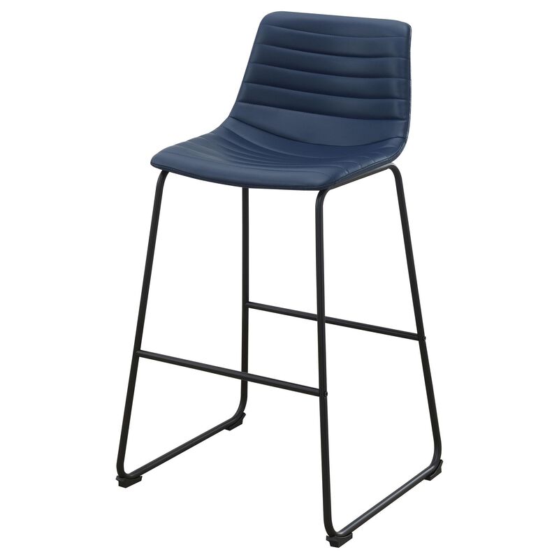 Zuno Bar Height Chair Set of 2, Blue Faux Leather, Black Metal 30 Inch - Benzara