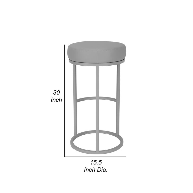 Tane 30 Inch Barstool, Round Gray Faux Leather Padded Seat, Gray Metal Base - Benzara
