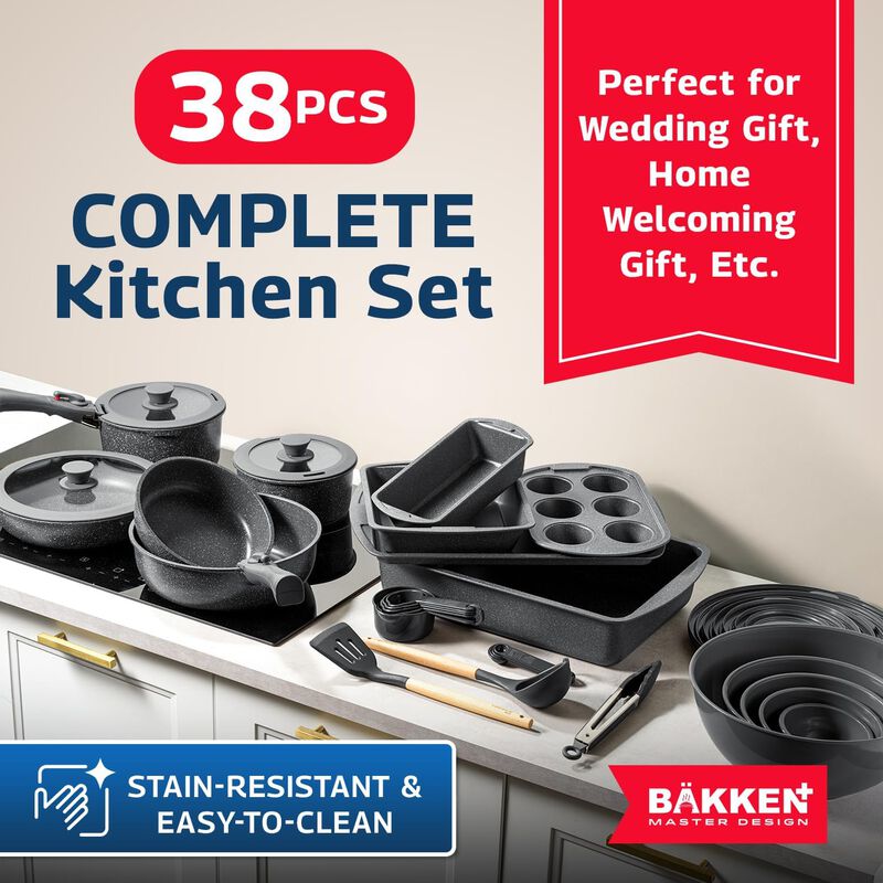 Bakken Master 38 Piece Granite Cookware and Bakeware Set – Nonstick Granite Coating, Pots and Pans with Detachable Handles and Tempered Glass Lids, 6-piece Bakeware set, 12-piece Mixing Bowls