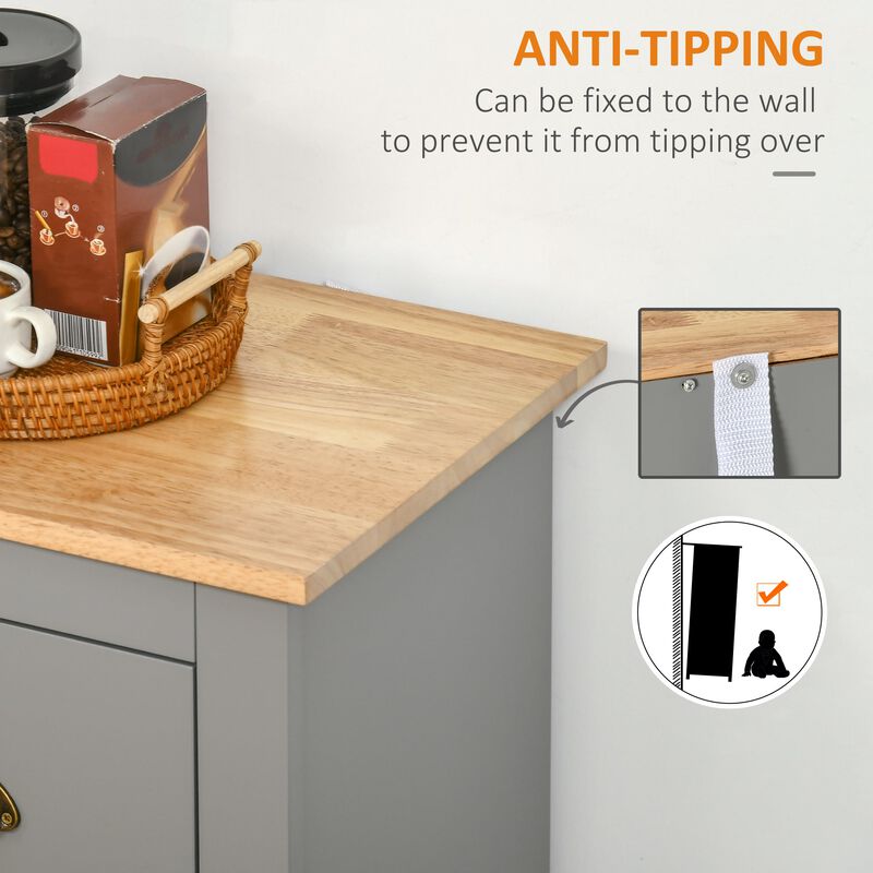 Gray Modern Buffet: Storage Cabinet with Rubberwood Top and Drawers