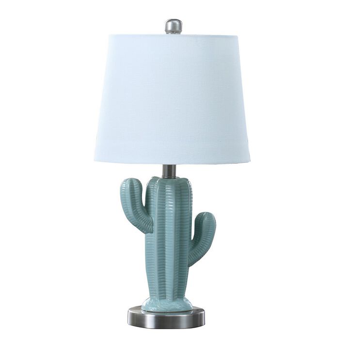22 Inch Accent Table Lamp, Cactus Designed Body, Metal Base, Blue, White-Benzara