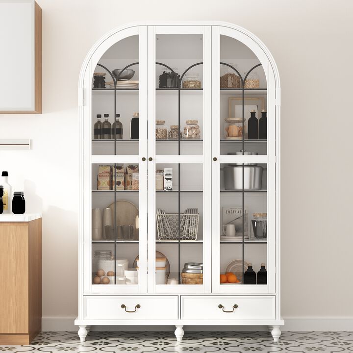 FUFU&GAGA Modern White Cabinet with Glass Doors, 2 Drawers & 8 Shelves, Elegant Storage for Dining Room, Living Room, or Kitchen (77.2"H x 50.4"W x 15.7"D),White