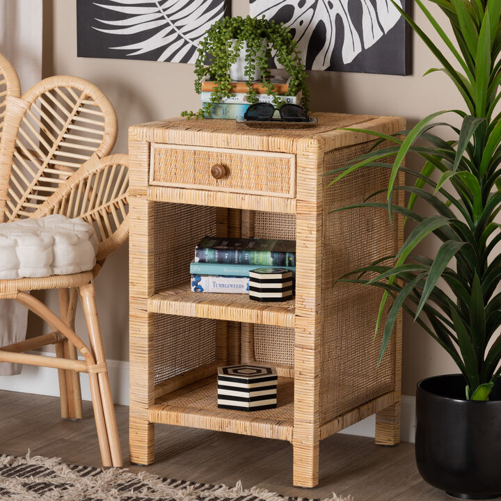 Baxton Studio Bella Natural Brown Mahogany Wood And Natural Rattan 1 Drawer Nightstand