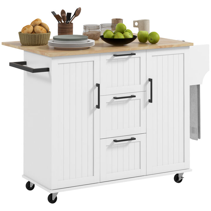 HOMCOM Kitchen Island on Wheels, Kitchen Cart with Drop Leaf, 3 Drawers