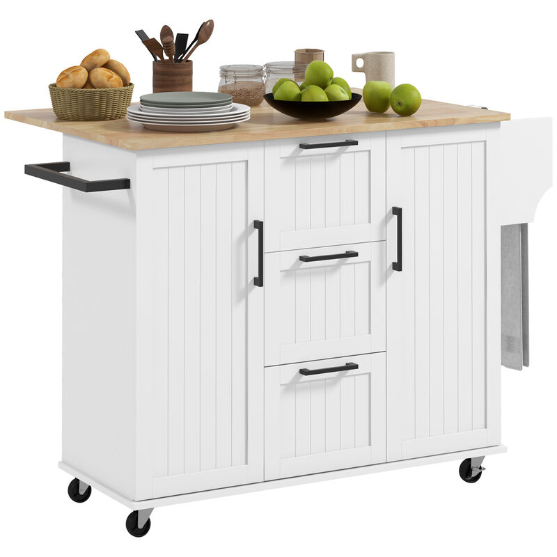HOMCOM Kitchen Island on Wheels, Kitchen Cart with Drop Leaf, 3 Drawers