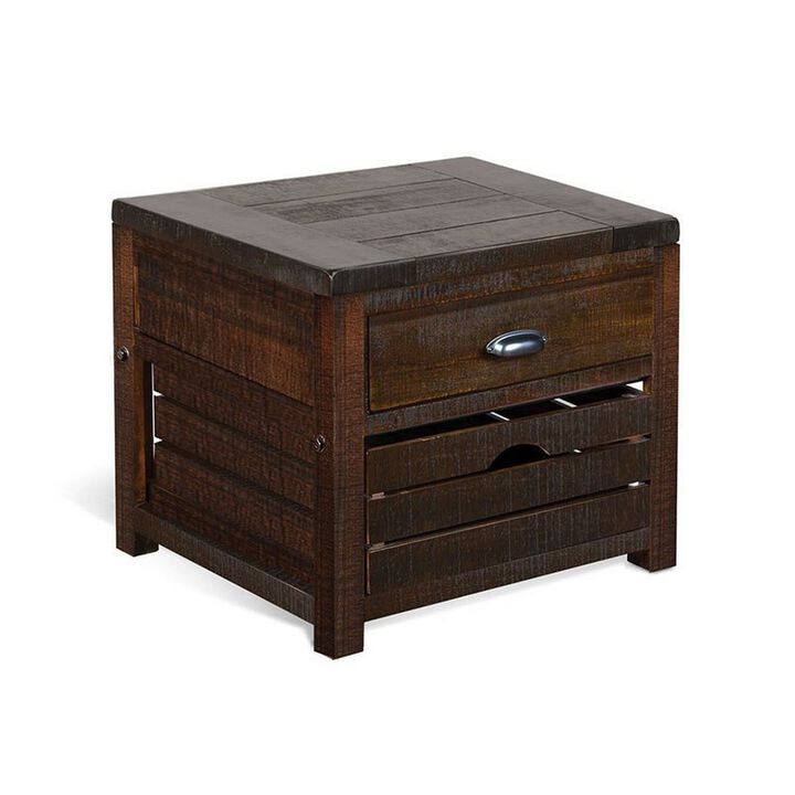 Flint End Table, 1 Drawer, 1 Crate, Dark Brown Mahogany Wood, 26 Inch - Benzara
