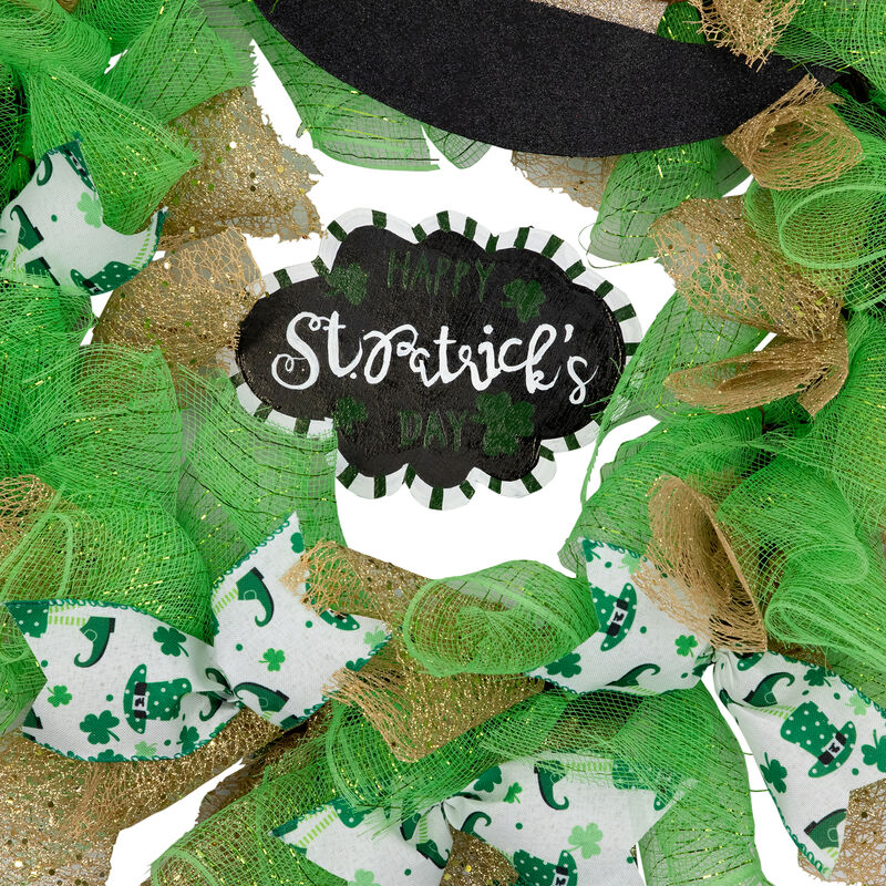 Happy St. Patrick's Day Ribbon Wreath with Leprechaun Hat  24-Inch