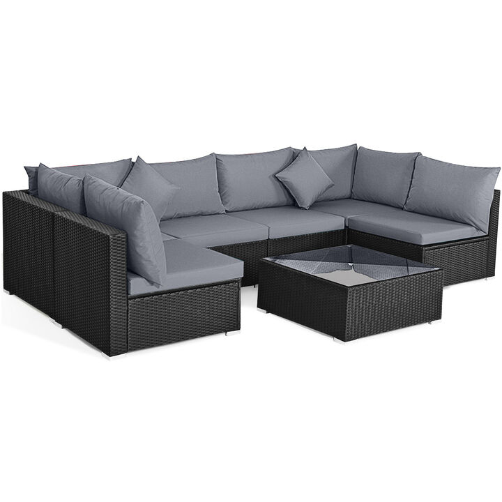 7-Piece Outdoor Sectional Wicker Patio Sofa Set with Tempered Glass Top