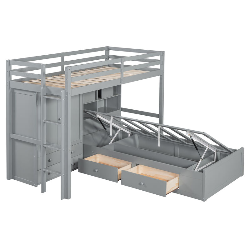 Merax Twin Bunk Bed with Wardrobe and Hydraulic Bed