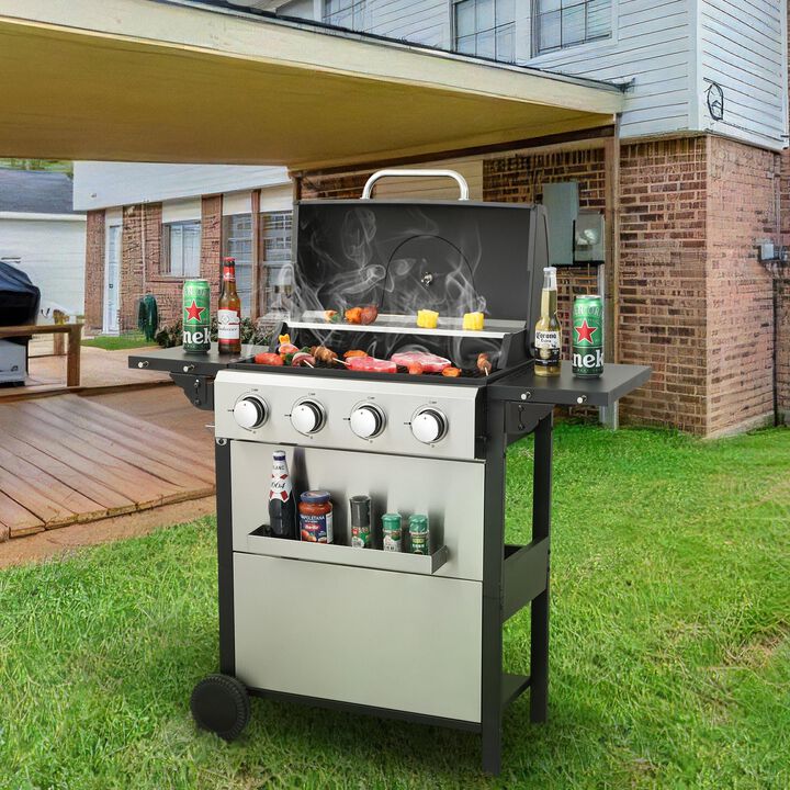 MONDAWE 4-Burner Propane Gas BBQ Grill, 34200BTU Output With Wire Enamel Cooking Grids For Outdoor Barbecue, Foldable Side Table, Hanging Basket, Stainless Steel