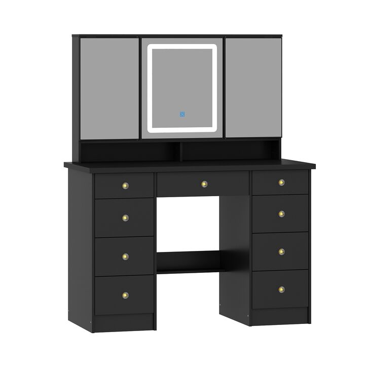 FUFU&GAGA Black Makeup Vanity with LED Mirror, 6 Drawers and Storage Compartments (43.3" W x 53.9" H x 19.7" D), Elegant Black