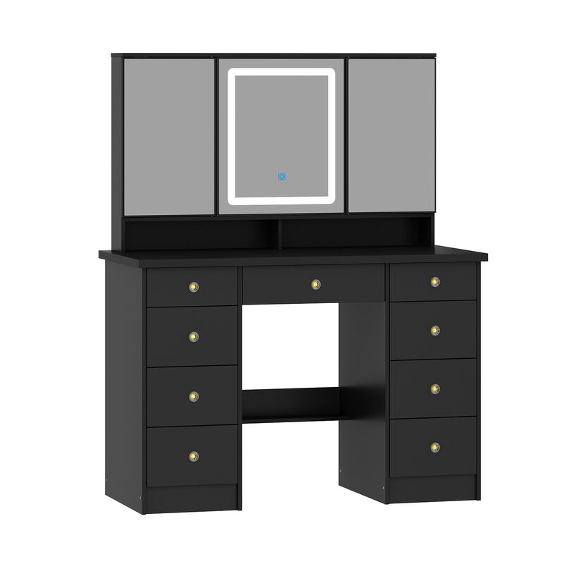 FUFU&GAGA Black Makeup Vanity with LED Mirror, 6 Drawers and Storage Compartments (43.3" W x 53.9" H x 19.7" D), Elegant Black