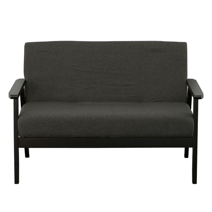 Gala 45 Inch Modern Loveseat Bench, Dark Gray Fabric, Jet Black Wood Frame-Benzara