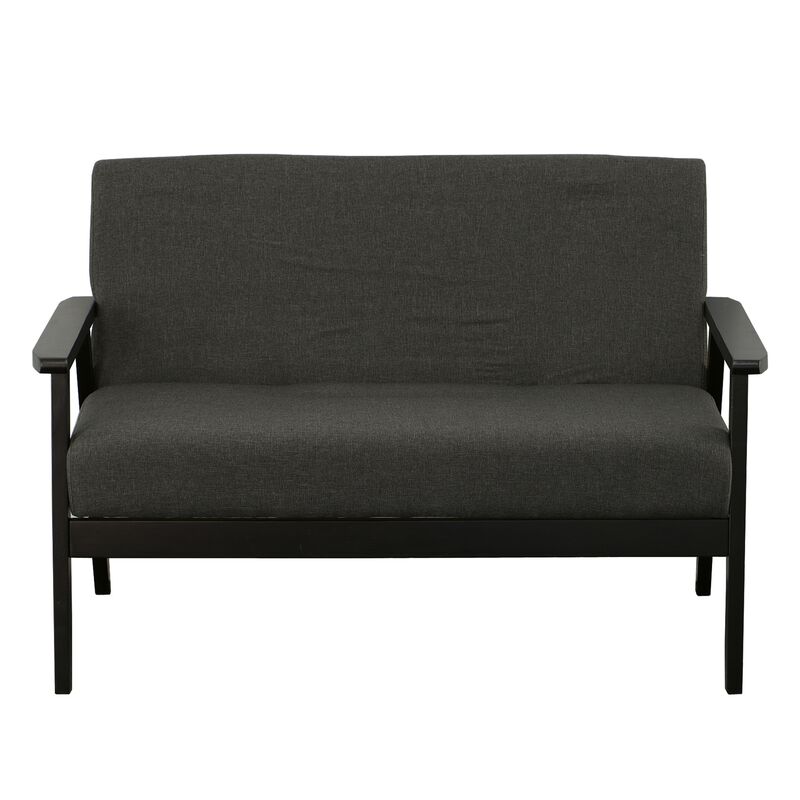 Gala 45 Inch Modern Loveseat Bench, Dark Gray Fabric, Jet Black Wood Frame-Benzara