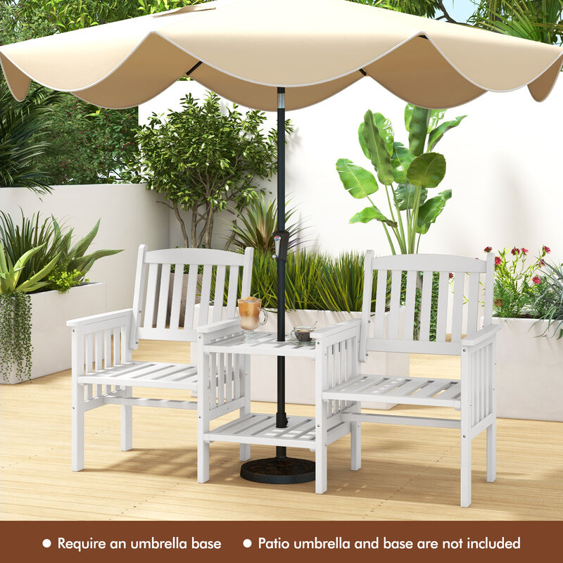 Outdoor Fir Wood Loveseat with 2-Tier Side Table and Umbrella Hole