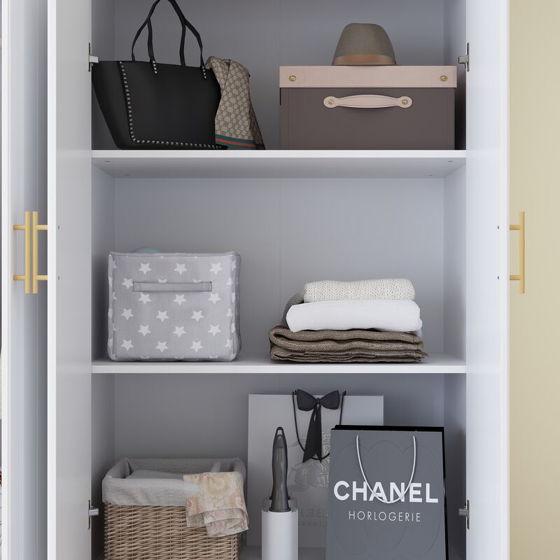 FUFU&GAGA 4-Door Wardrobe Closet with 4 Drawers, Cube Storage, and Hanging Rod - Coastal Style White Armoire Wardrobe Cabinet,(63" W x 20.6" D x 74.2" H),White