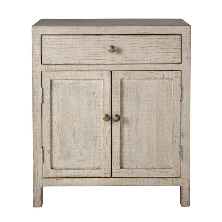 Lia Small Accent Cabinet, 2 Door, Drawer, Antique Style Whitewash Wood - Benzara