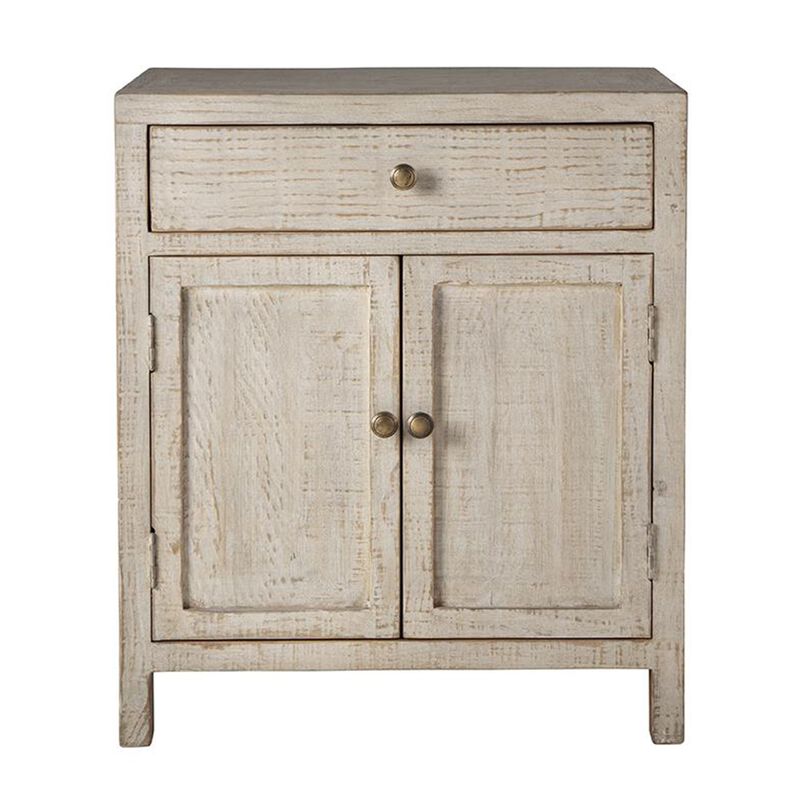 Lia Small Accent Cabinet, 2 Door, Drawer, Antique Style Whitewash Wood - Benzara