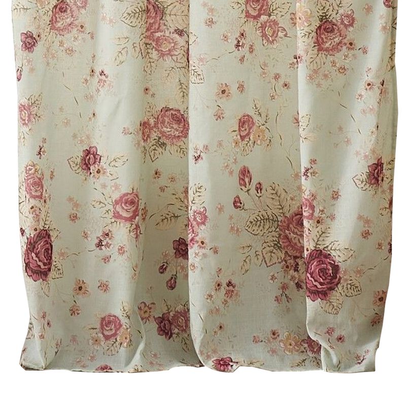 Rosle Set of 2 Window Curtains, Cotton, Antique Rose Print, Multicolor - Benzara