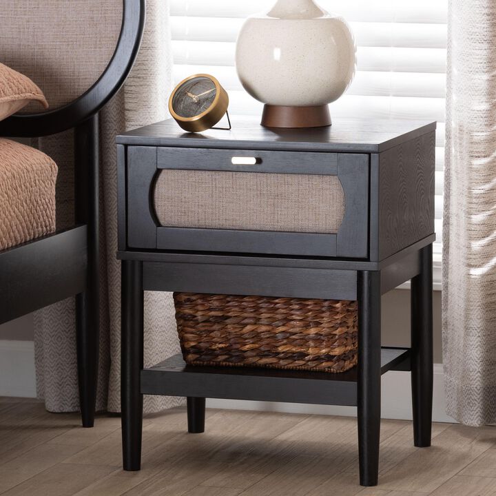 Baxton Studio Shirin Mid Century Beige Fabric and Black Wood 1 Drawer Nightstand