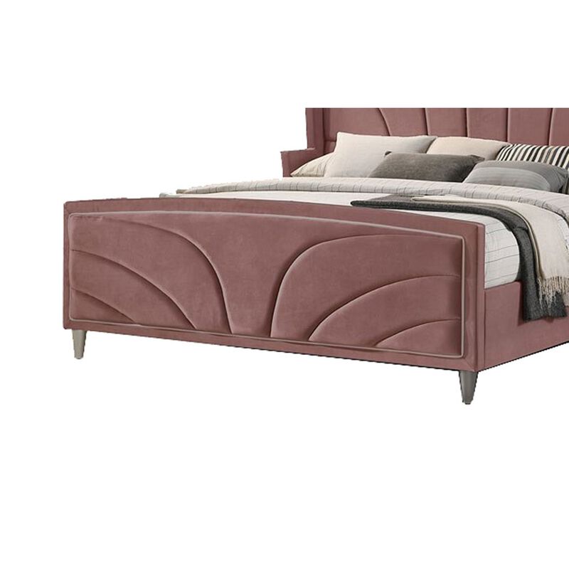 Kerith Modern Wood King Size Bed, Wingback Frame, Pink Velvet, Chrome Legs-Benzara